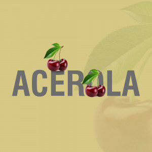 Image of Acerola cherries with the word 'Acerola' in large text