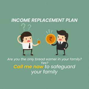 Illustration of two men, one worried and one offering a coin, with text about income replacement and family security.