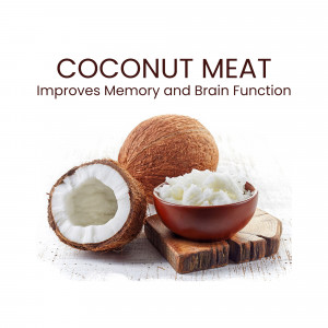 Close-up of coconut meat and a cracked coconut, highlighting its health benefits.