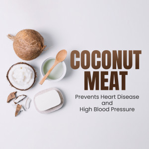 Coconut meat, coconut oil, and health benefits displayed in a flat lay