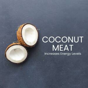 Halved coconut with text 'Coconut Meat - Increases Energy Levels'