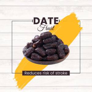 A bowl of dates with a yellow brush stroke and text highlighting health benefits.