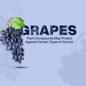 A bunch of dark grapes with text about plant compounds and cancer prevention.