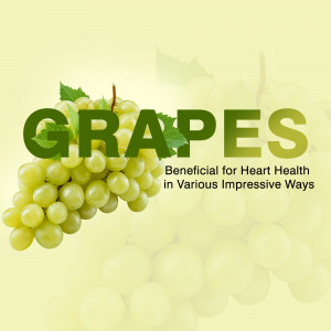 Close-up of green grapes with text highlighting their health benefits.