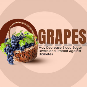 A basket of dark purple grapes with text highlighting potential health benefits.