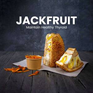 Close-up of jackfruit with chips and a small bowl, promoting thyroid health.