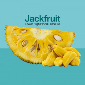 Close-up of a sliced jackfruit with text promoting its benefits for lowering high blood pressure.
