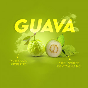 Close-up of guava fruit with text highlighting anti-aging properties and vitamin content.