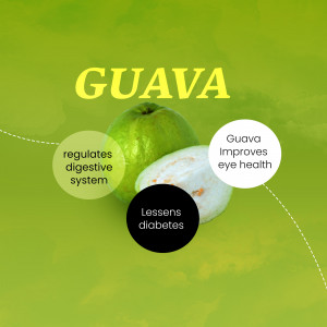 Image of a guava fruit with text highlighting its health benefits.