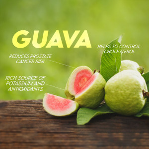 Close-up of guava fruit with text highlighting health benefits