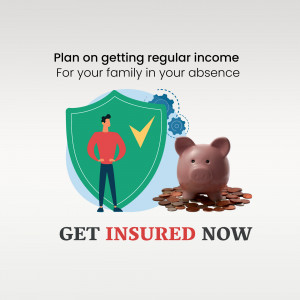 Illustration of a shield protecting a person with a piggy bank and coins, promoting insurance for family financial security.
