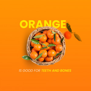 A top-down view of a wicker basket filled with fresh oranges, with a few oranges and leaves scattered around on a bright orange background.