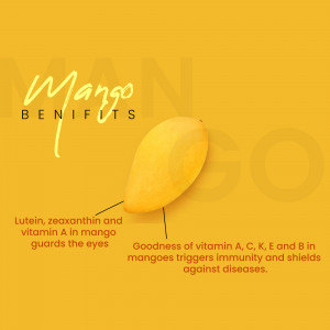 Close-up of a ripe mango with text highlighting its health benefits.