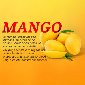 Close-up of ripe mangoes with text highlighting health benefits