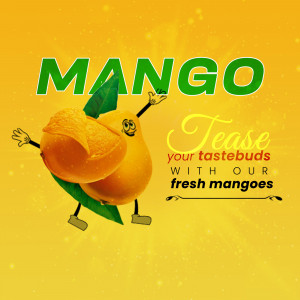 Cartoon mango character promoting fresh mangoes