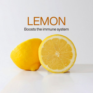 Two lemons, one whole and one halved, against a white background with text promoting immune system benefits.