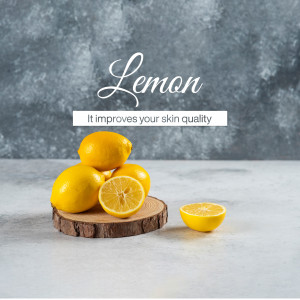 Lemons on wood slice with text promoting skin health