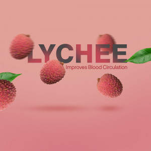 Floating lychee fruits with text promoting blood circulation benefits
