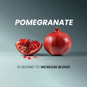 A halved pomegranate and a whole pomegranate on a grey background with text promoting blood health.
