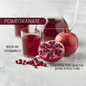 Pomegranate juice and fruit with health benefits highlighted