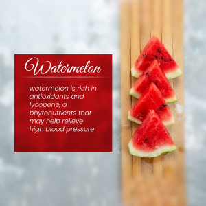 Sliced watermelon on a wooden board with text about its health benefits.