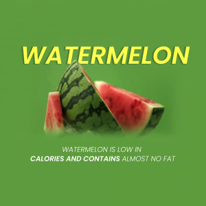 Sliced watermelon with text highlighting its low calorie content