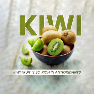 A bowl of ripe kiwi fruits with the word 'KIWI' prominently displayed.