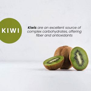 Close-up of kiwis with text highlighting their health benefits