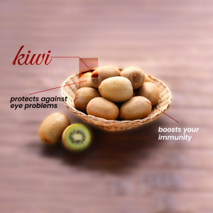 Close-up of kiwis in a woven basket with text highlighting health benefits.