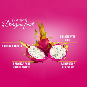 Close-up of dragon fruit with text highlighting health benefits