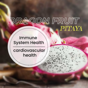 Close-up of a vibrant pink dragon fruit with text highlighting its health benefits.