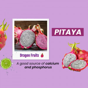 Close-up of dragon fruits, both whole and sliced, with text highlighting their nutritional benefits.