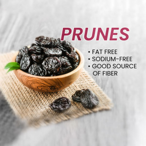 Bowl of prunes with text highlighting health benefits