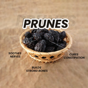 A small woven basket filled with prunes, with text highlighting health benefits.