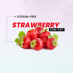 Close-up of fresh strawberries with text highlighting 'Sodium-Free' and 'Low-Fat'
