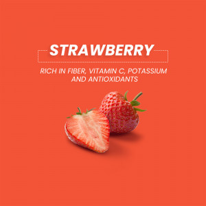 Close-up of a strawberry with text highlighting its nutritional benefits