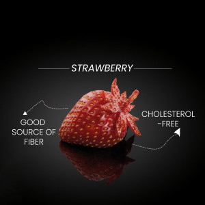 Close-up of a strawberry with text highlighting its health benefits.
