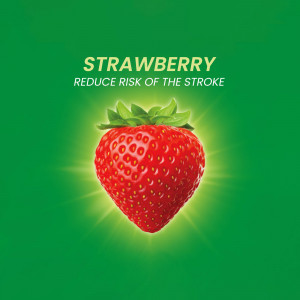 Close-up of a ripe strawberry with text promoting stroke risk reduction
