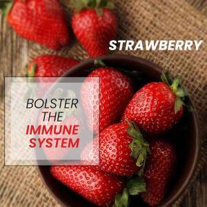Close-up of fresh strawberries in a bowl with text promoting immune health