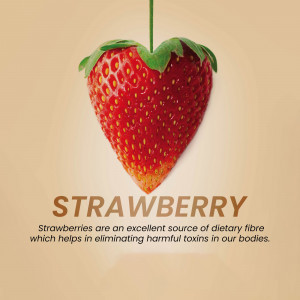 Close-up of a ripe strawberry with text about its health benefits.