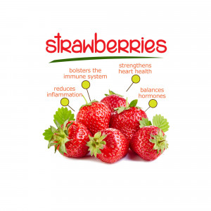 Close-up of fresh strawberries with text highlighting health benefits