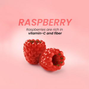 Close-up of two ripe raspberries with text highlighting their vitamin C content.