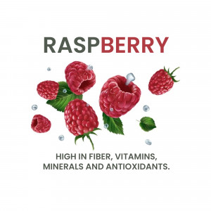 Close-up of fresh raspberries with water droplets and green leaves