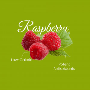 Close-up of fresh raspberries with text highlighting their health benefits.