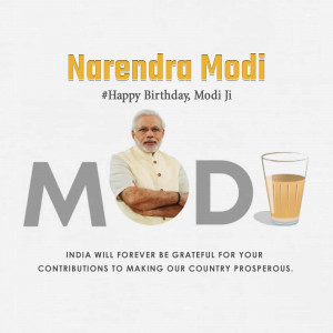 Image of Narendra Modi with a cup of tea and the text 'Happy Birthday, Modi Ji'