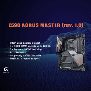 Gigabyte Z590 AORUS MASTER motherboard with key features listed