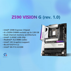 GIGABYTE Z590 VISION G motherboard with key features listed