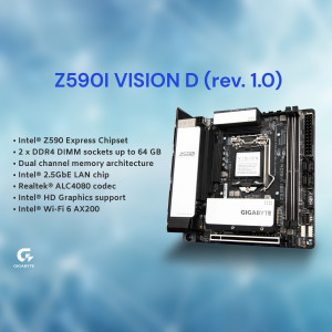 GIGABYTE Z590I VISION D motherboard with key features listed