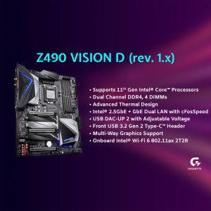 ASRock Z490 Vision D motherboard with key features listed