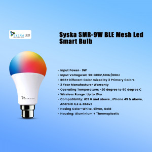 Syska SMR-9W BLE Mesh LED Smart Bulb Specifications Graphic For LinkedIn